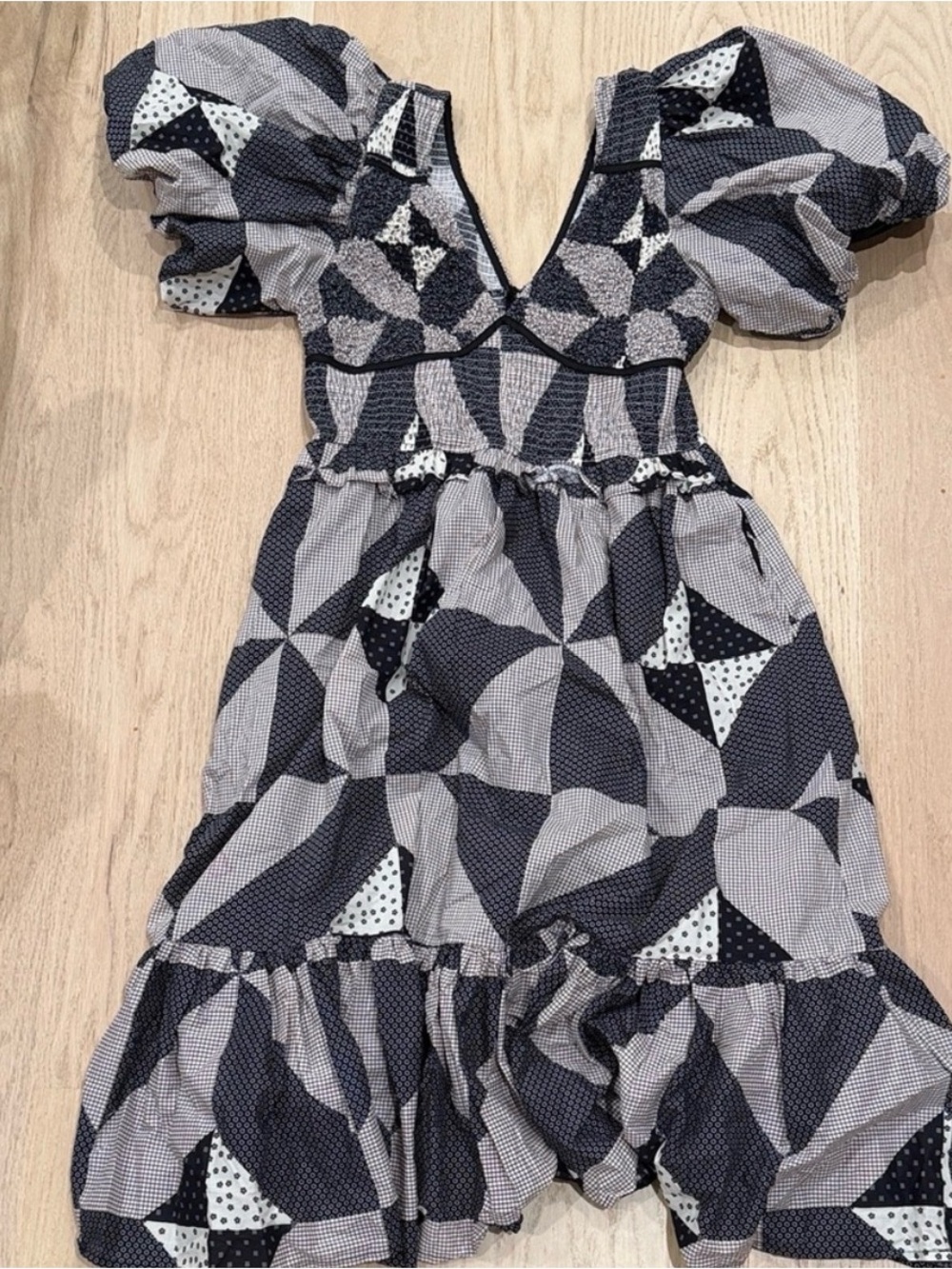 Puff-Sleeve Midi Dress in Black and White Geometric Print
